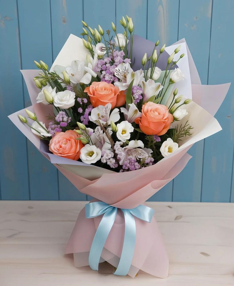 Букет цветов из: Лизиантусы, Розы, Альстромерии и Гипсофила в Ревякино