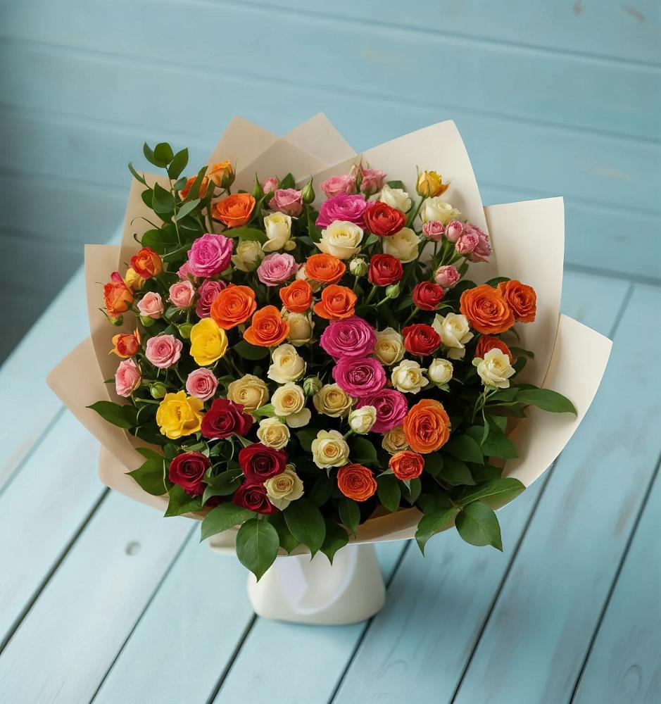 Букет Микс из разноцветных кустовых роз в Ревякино